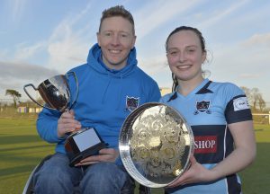 Proud Armagh Coach, Niall McCool with captain Julie Frazer and the Senior 1 League and Cup